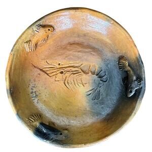 Handmade Art Pottery Bowl Raised Relief Fish Shrimp Belize 2007 Artist Signed 8"